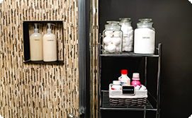 Bathroom with labeled toiletries