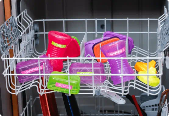 Baby sippy cups in dishwasher with water-resistant labels