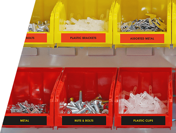 Nuts, bolts and screws in organized containers