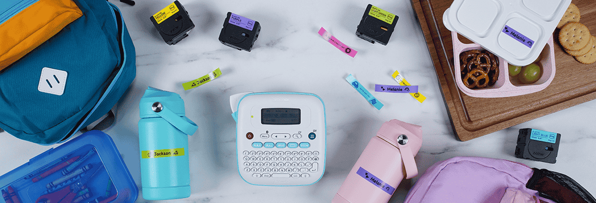 Brother Ptouch Label Maker with water bottles, label tapes, backpacks and food containers - organized with Ptouch Label Maker