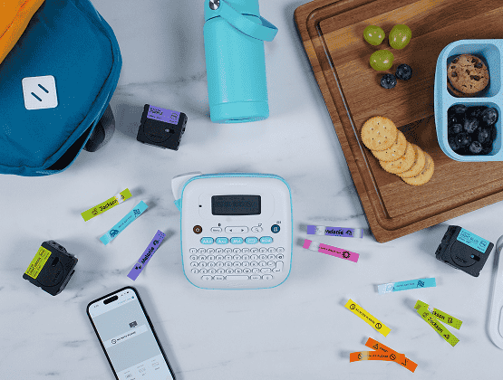 Brother Ptouch Label Maker with water bottles, label tapes, backpacks and food containers - organized with Ptouch Label Maker