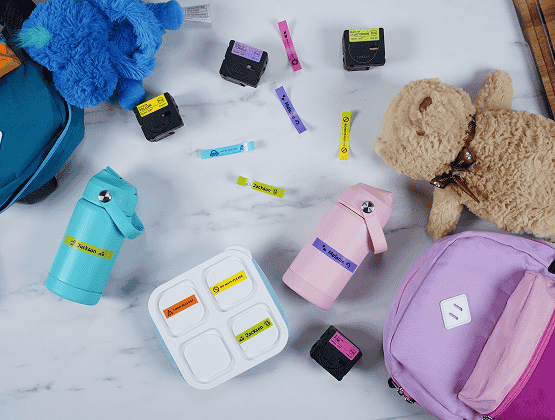 Brother Ptouch Label Maker with water bottles, label tapes, backpacks and food containers - organized with Ptouch Label Maker