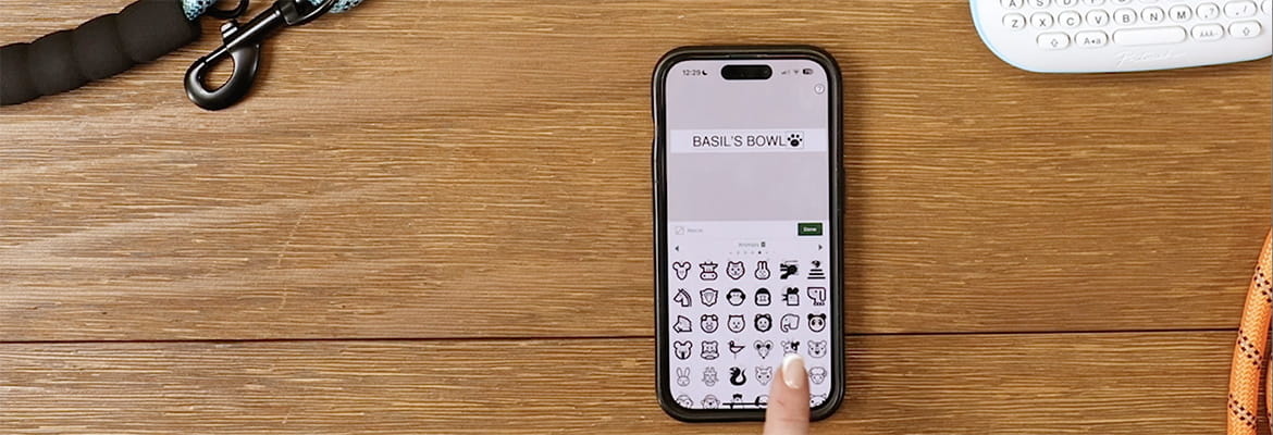 Person creating label for "Basil's Bowl" on Ptouch Editor software. 