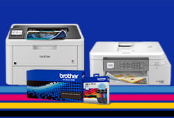 Brother Printers side by side with Ink and toner in front