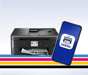 Brother Printer and a phone with brother mobile connect in front