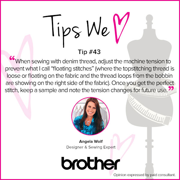 When sewing with denim thread, adjust the machine tension to prevent what I call "floating stitches" (where the top stitching thread is loose or floating on the fabric and the thread loops from the bobbin are showing on the right side of the fabric.) Once you get the perfect stitch, keep a sample and note the tension changes for future use.