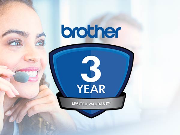 Customer service agent using phone headset, with Brother 3-Year Limited Warranty icon