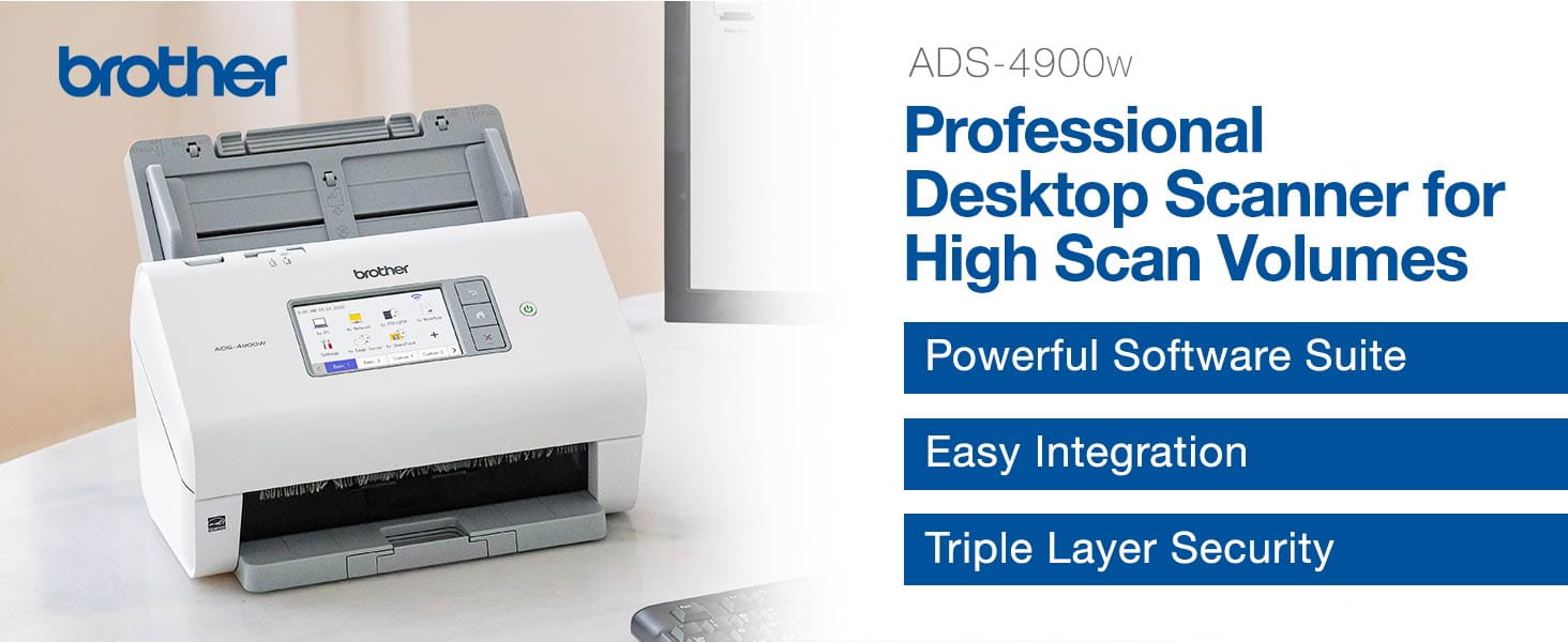 Brother ADS4900W Professional Desktop Scanner for High Scan Volumes: Powerful Software Suite, Easy Integration, Triple Layer Security