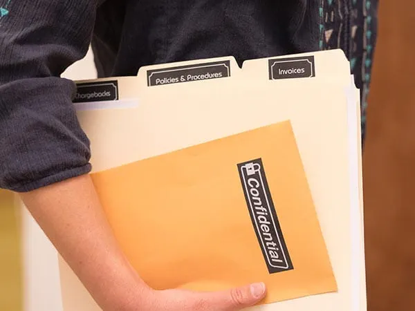 Person carrying labeled manila folders in office