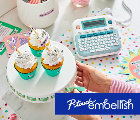 Ptouch embellish on table next to cupcakes