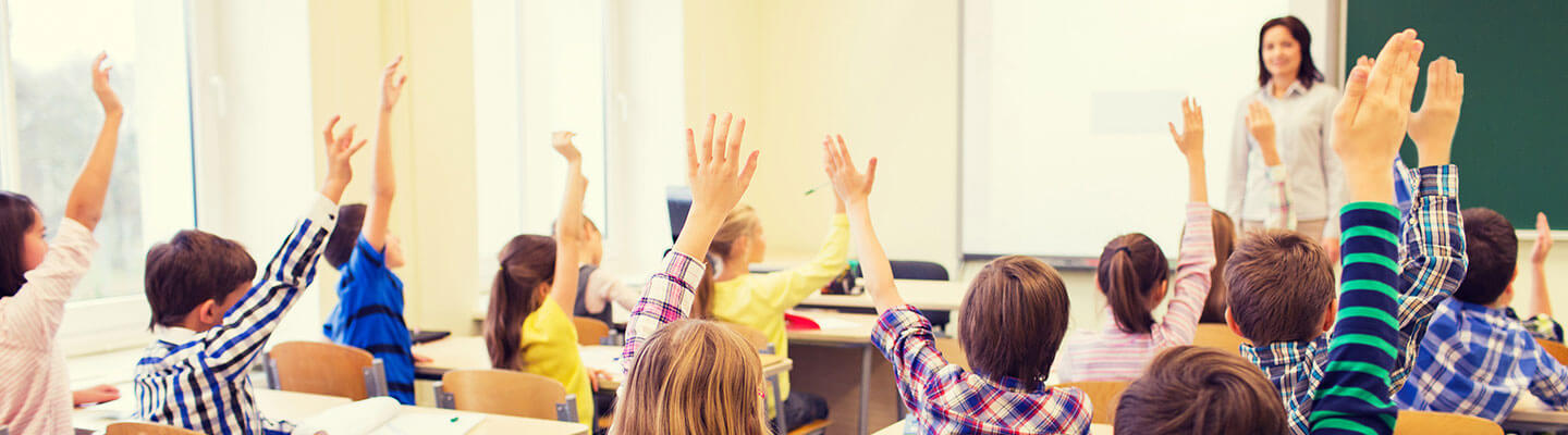 Many children in class raising their hands