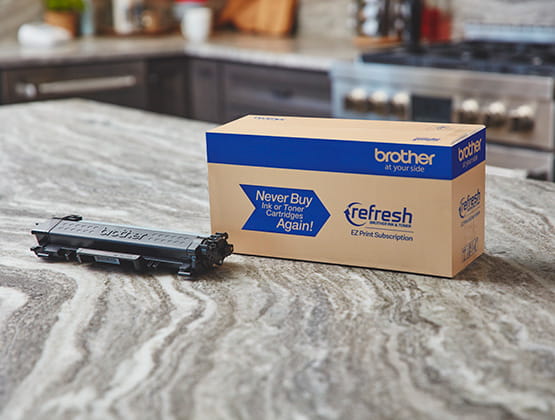 Refresh box and toner cartridge on countertop