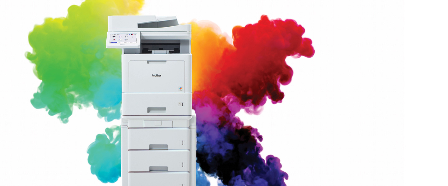 Brother enterprise color laser printer with rainbow color splash in background
