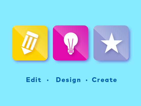 Pencil, lightbulb and star icons for edit, design and create