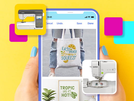 Person holding phone with Artspira App displaying inspirational embroidery projects