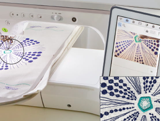 On-screen visual of Innoveye technology showing closeup of design embroidering