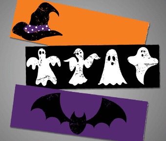 Halloween stickers of a witch's hat, ghost and bat. 