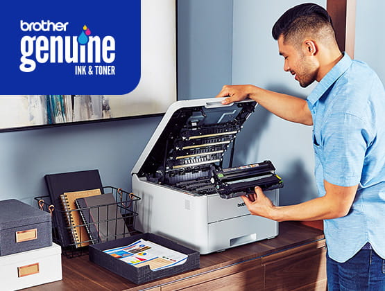 Man replacing toner cartridge in a Brother printer