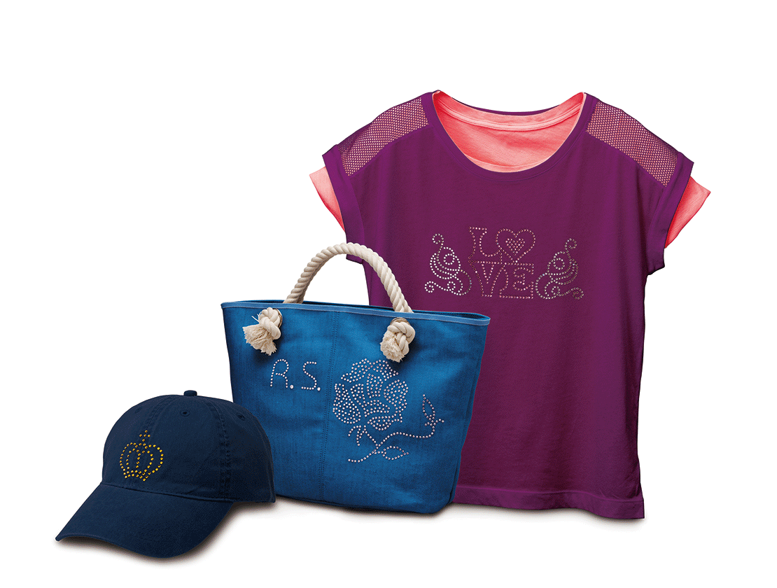 Hat, handbag, and shirt shown with printable stickers applied