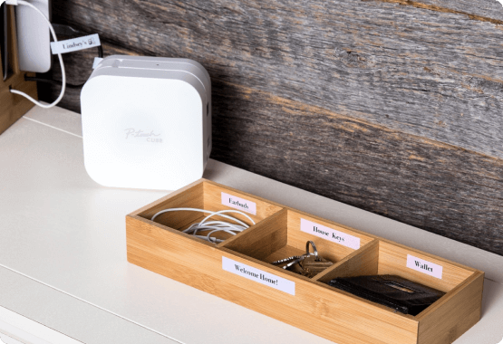 P-touch Cube and organized box with labels