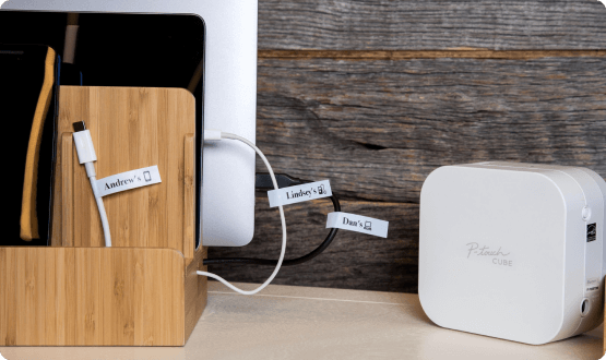 Electronic device wires organized with P-touch Cube