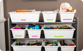Kids room toy drawers labeled