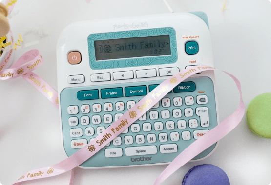 P-touch Embellish with pink ribbon