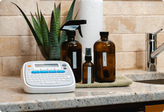 P-touch Home with labeled soap bottles