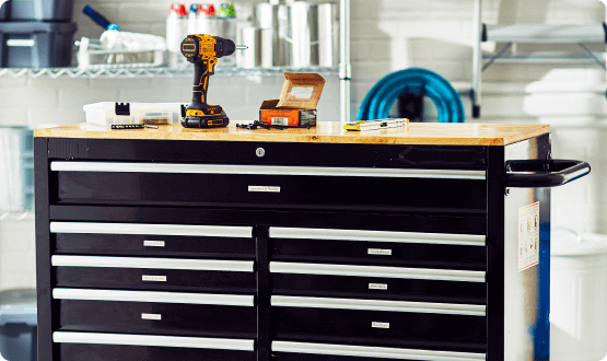 Work bench with labeled drawers