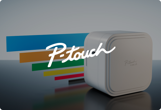 P-touch Cube XP with P-touch logo overlay