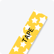 Embellish decorative tape with black text on white stars with yellow background 